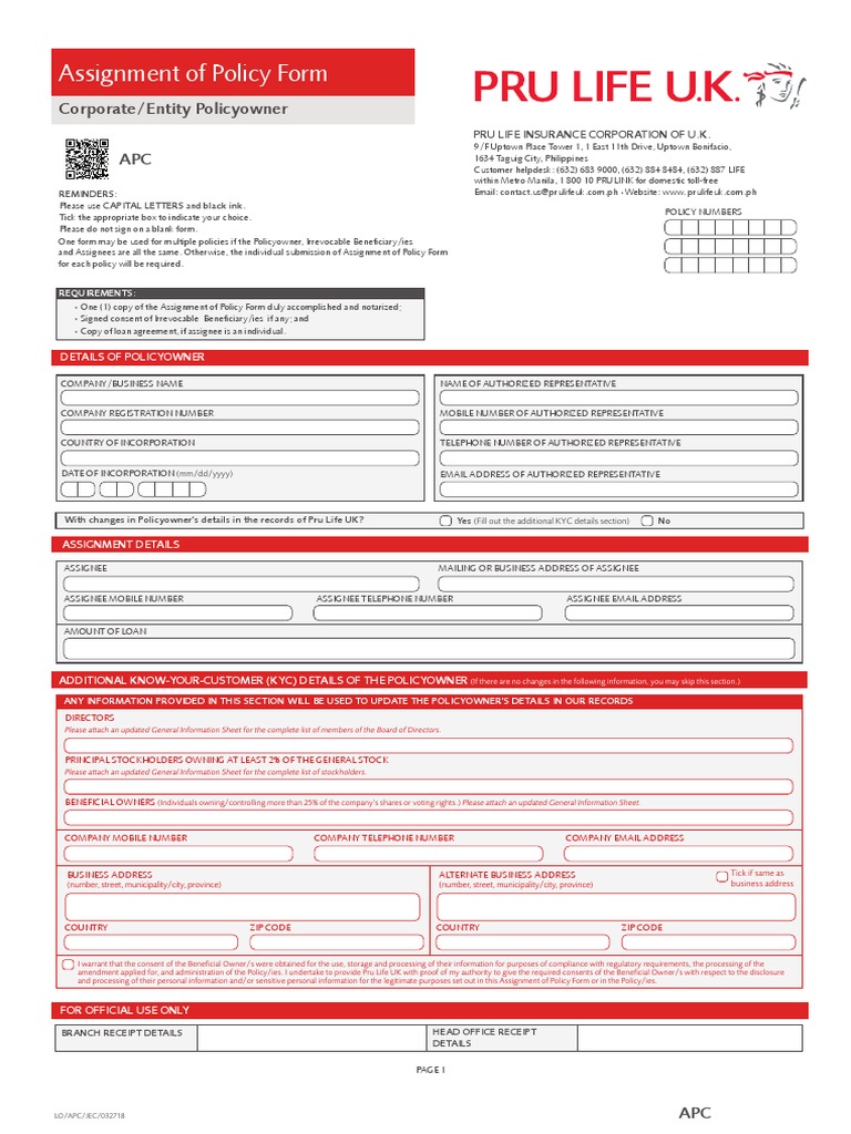 Assignment of Policy Form For Corporate Policyowner PDF | PDF ...