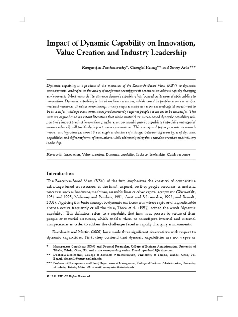 Impact of Dynamic Capability On Innovation, Value Creation and Industry ...