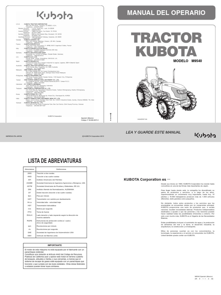 Manual Kubota m9540 PDF Tractor Motor diesel