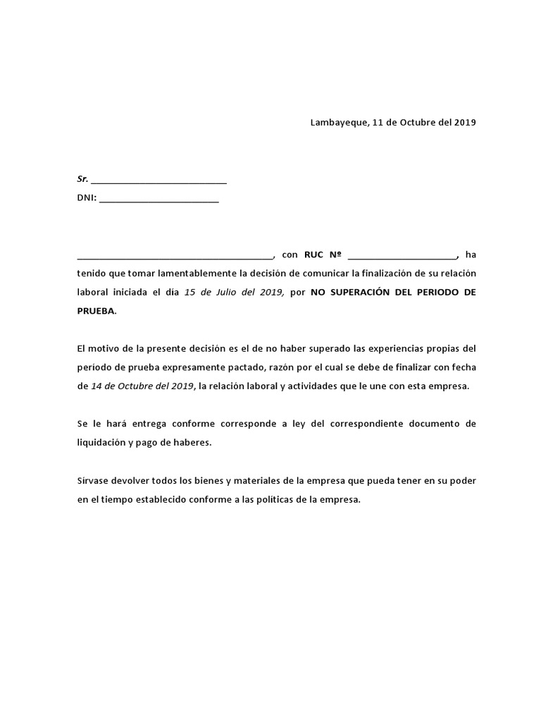 Carta de No Superación de Periodo de Prueba PDF