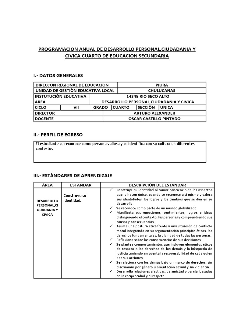 Programacion Anual de Desarrollo Personal Cuarto | PDF | Aprendizaje