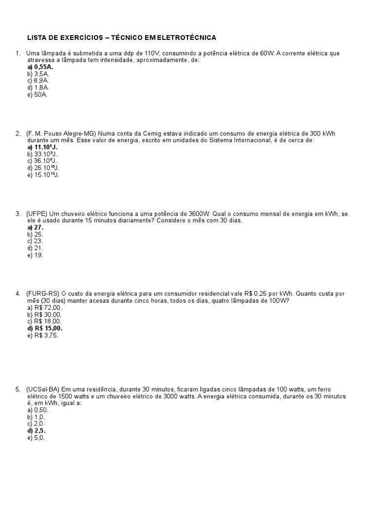 Exercícios de Potência Elétrica 8º Ano | PDF | Chuveiro | Potência (Física)