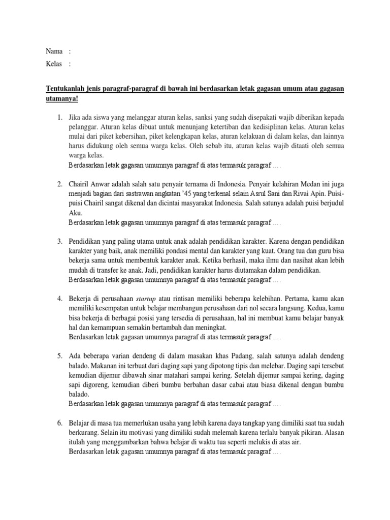 Jenis Paragraf Tersebut Berdasarkan Letak Gagasan Utamanya Adalah Sekali