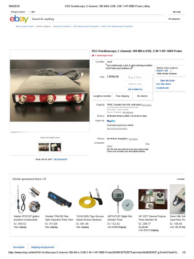 HS3 Oscilloscope, 2 Channel, 100 MS S USB, C W 1 HP3060 Probe