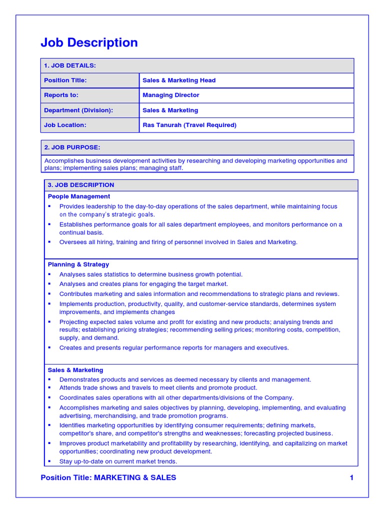 Sales & Marketing Head Job Description | PDF | Sales | Competition