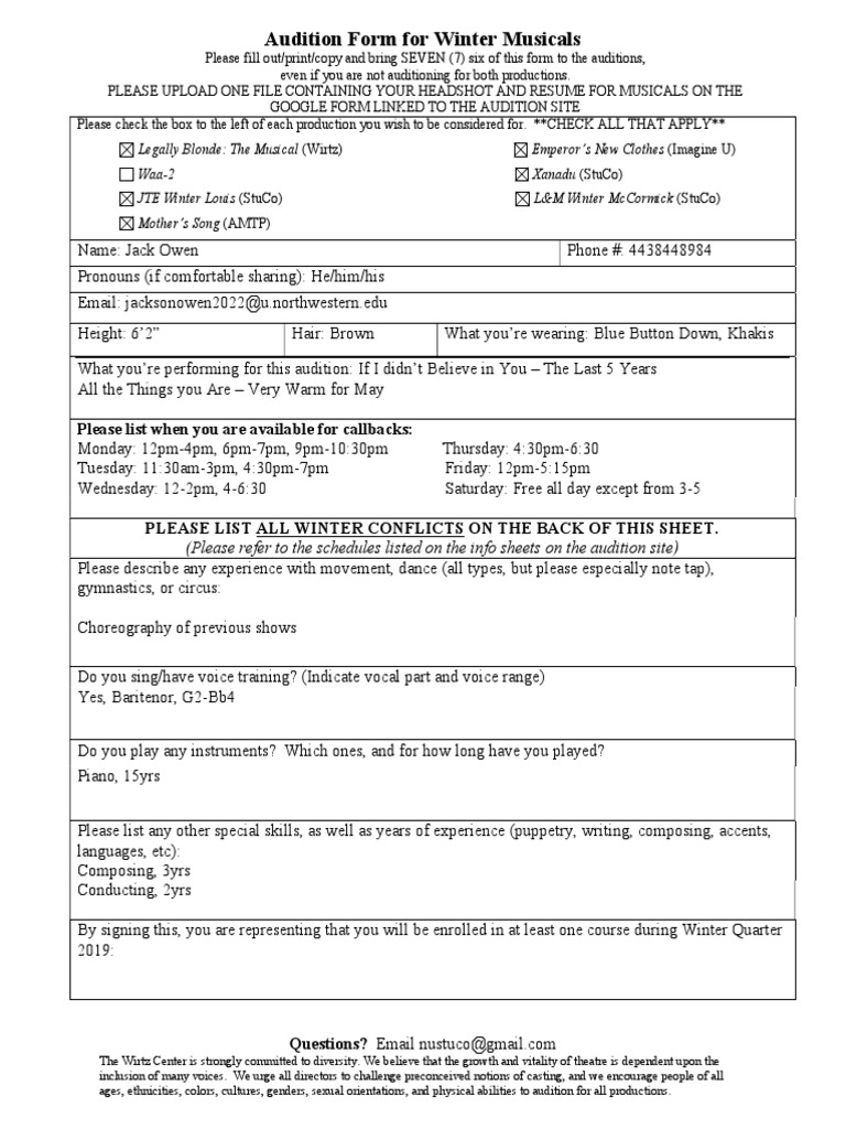 Winter Musical Audtions Forms | PDF | Audition