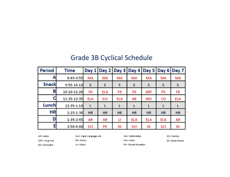 Grade 3B Weekly Class Schedule | PDF