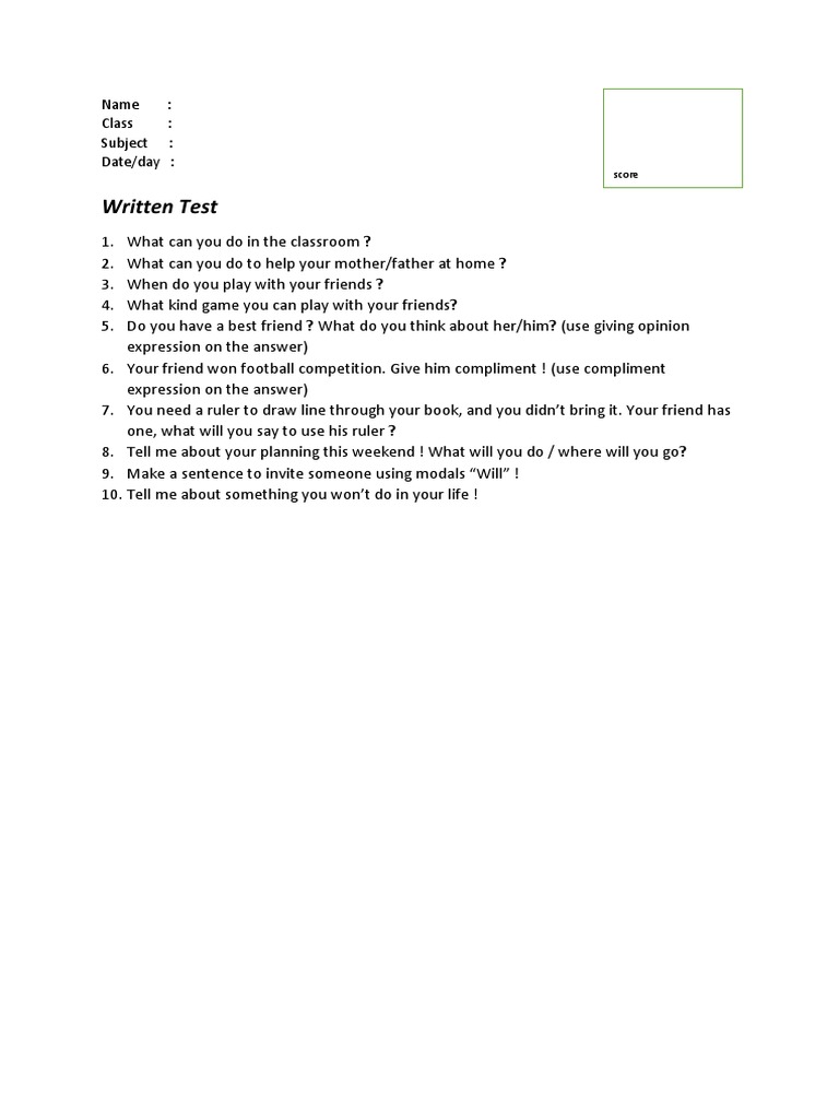 Classroom Written Test Questions | PDF | Language Arts & Discipline ...
