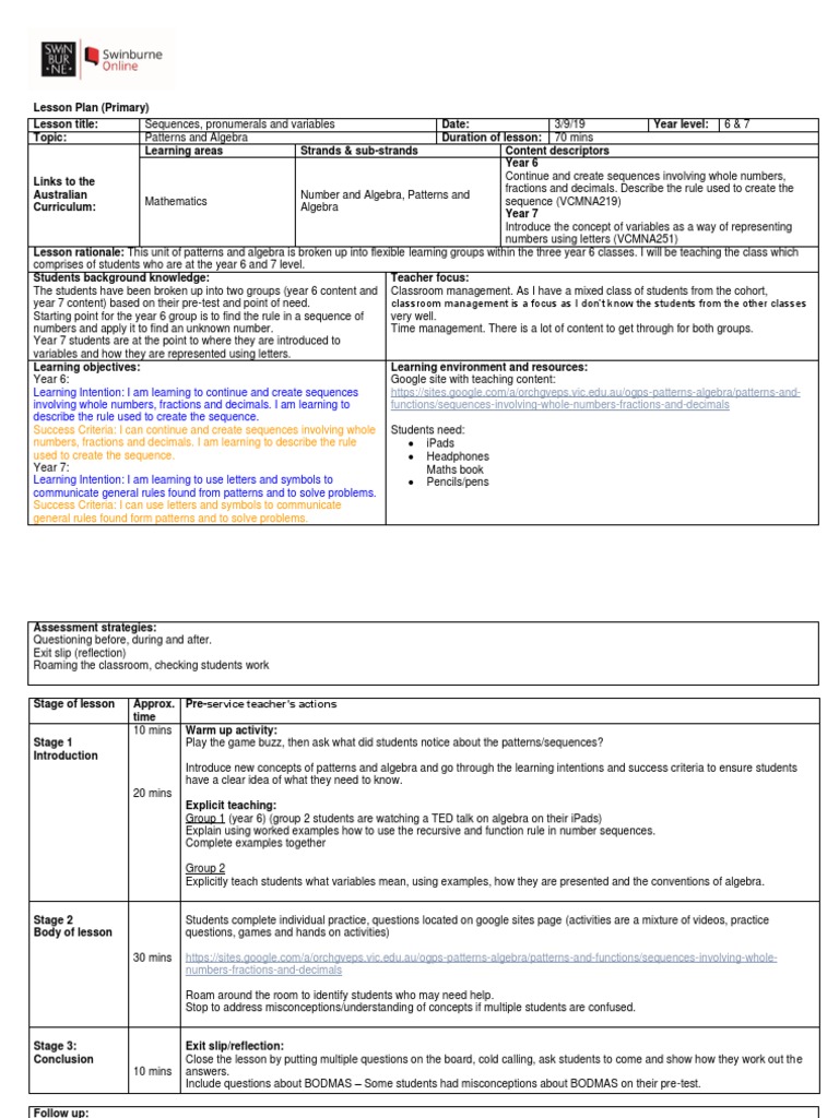 Patterns and Algebra Lesson Plan for Grades 6-7 | PDF | Variable ...