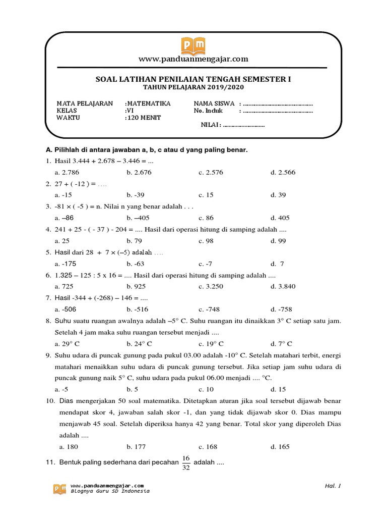 Soal Pts 1 Matematika Kelas 6 Tahun 2019 2020 Pdf