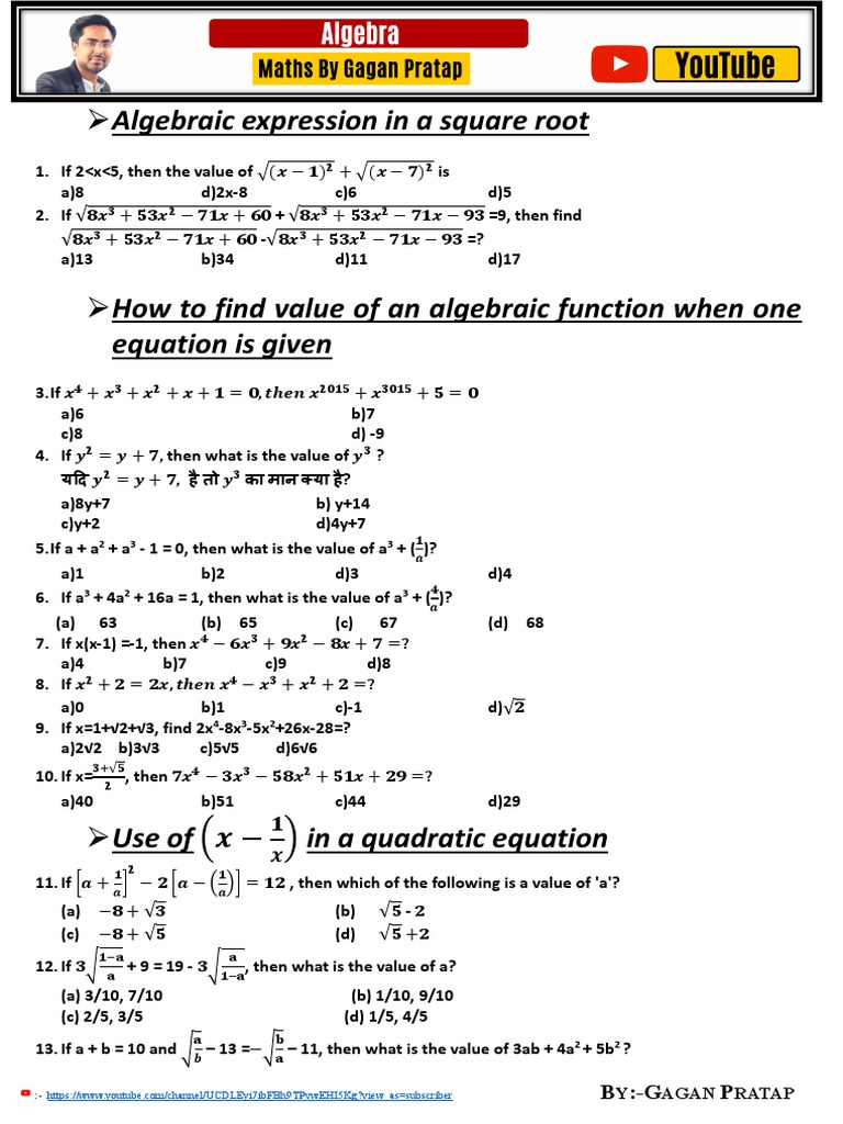 Algebra Questions and Solutions PDF | PDF | Equations | Algebra