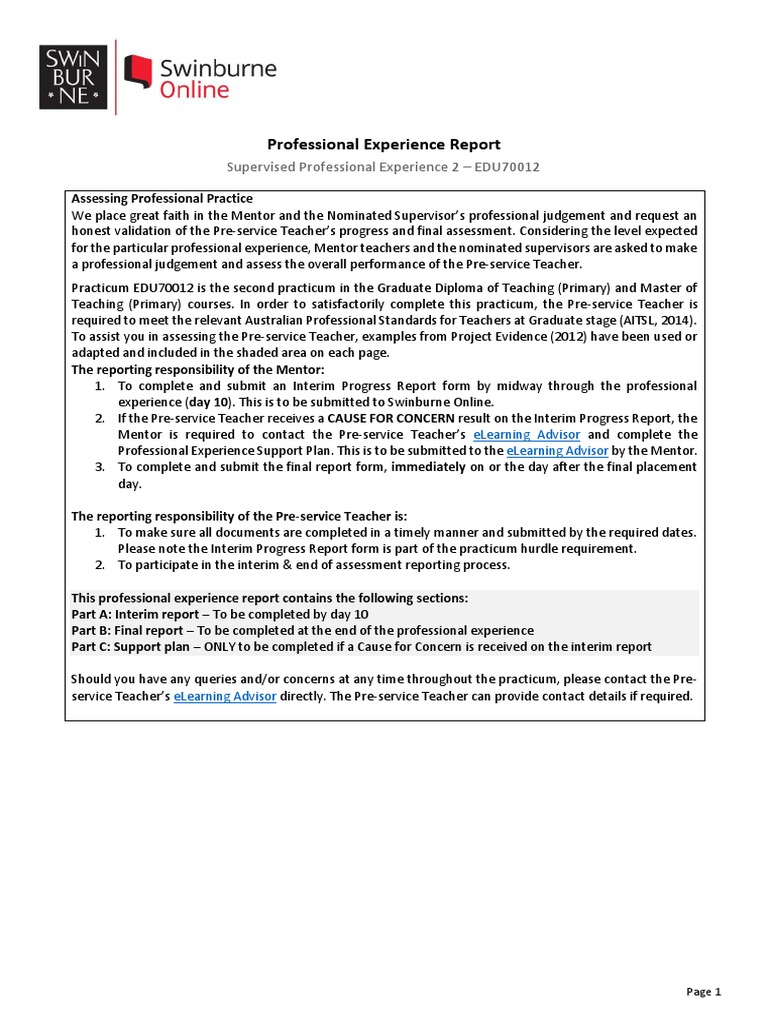 Professional Experience Report: EDU70012 | PDF | Educational Technology ...