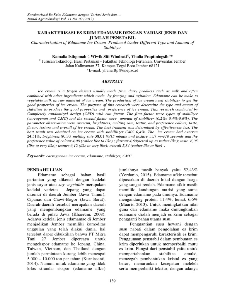 Characterization of Edamame Ice Cream Produced Under Different Type and Amount of Stabilizer