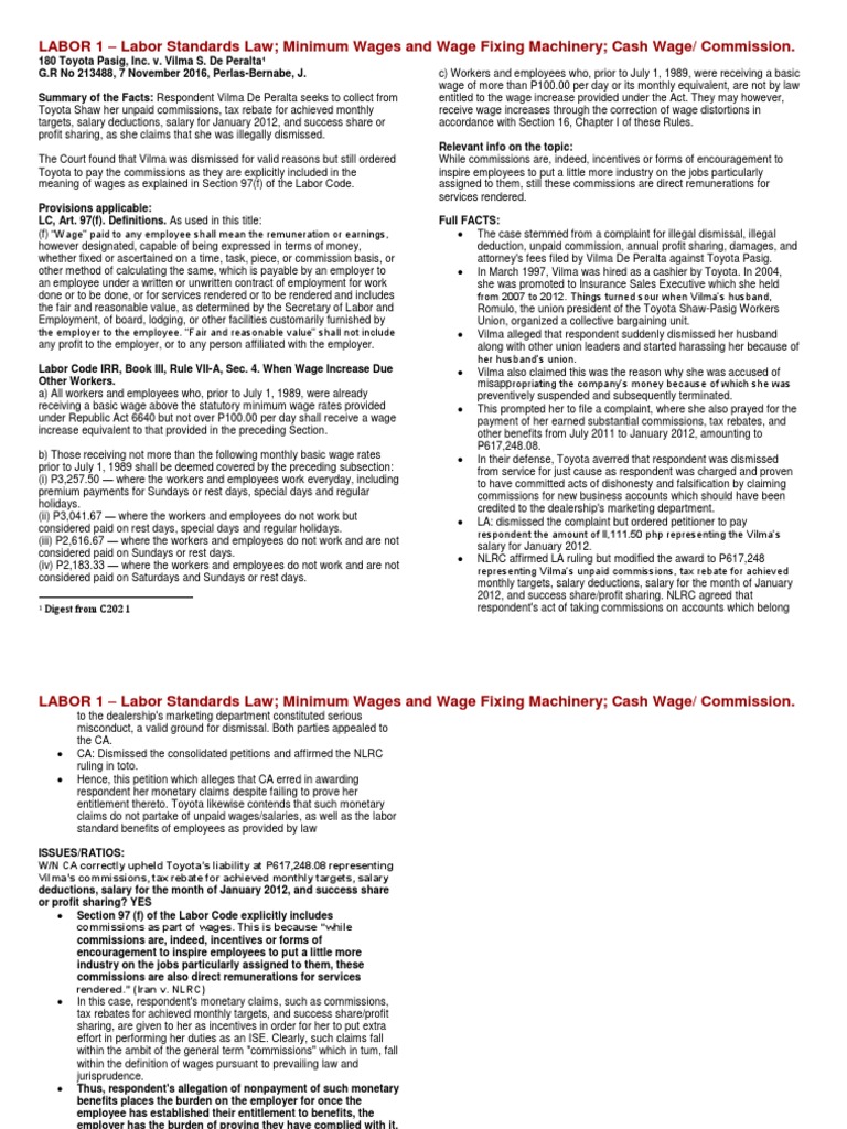 Toyota Pasig Inc v. de Peralta PDF Wage Employment