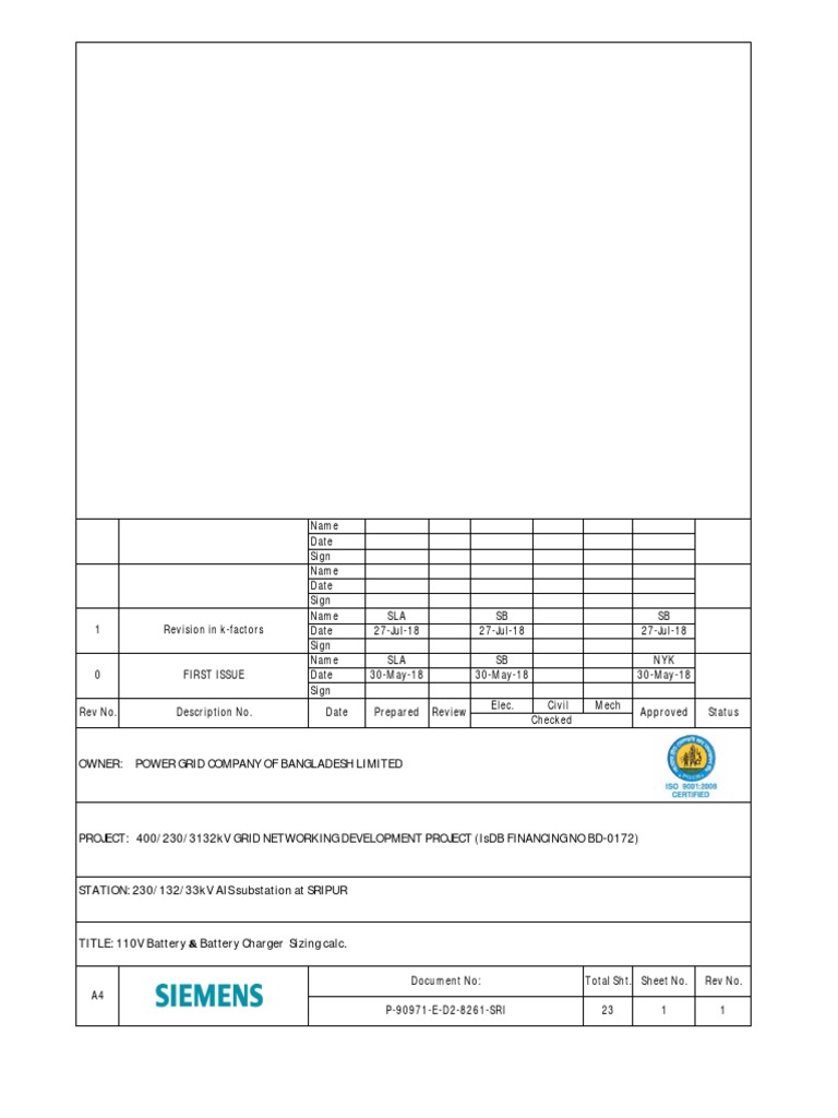 PGCB Sripur Battery Sizing Calculation P090971ED28261SRI R1 PDF