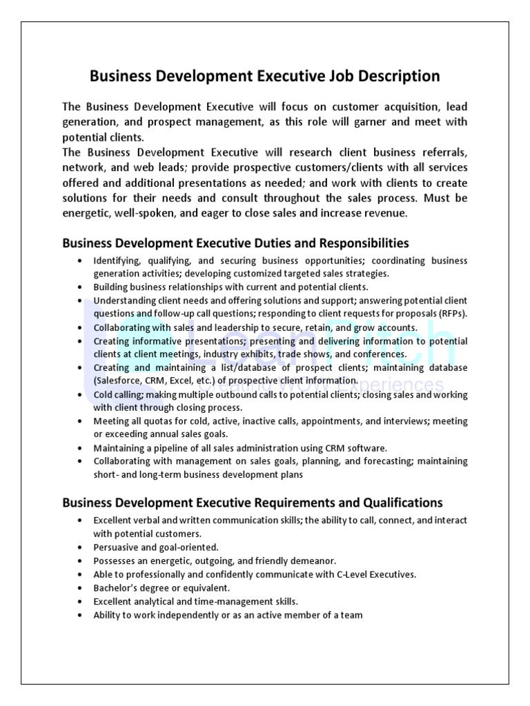 Business Development Executive Job Description PDF PDF Business