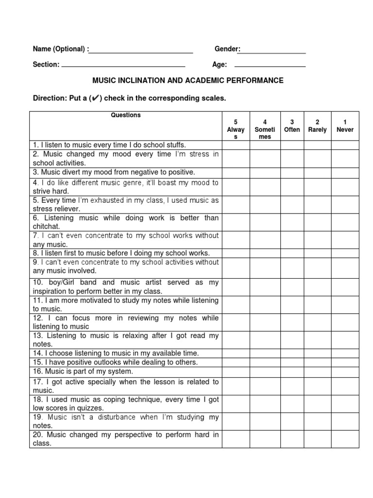 Music Inclination and Academic Performance Direction: Put A Check in ...