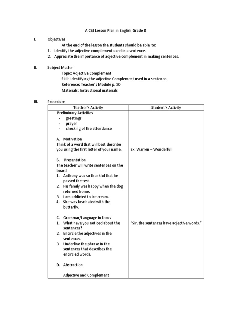 Grade 8 CBI Lesson on Adjective Complements | PDF | Adjective | Noun