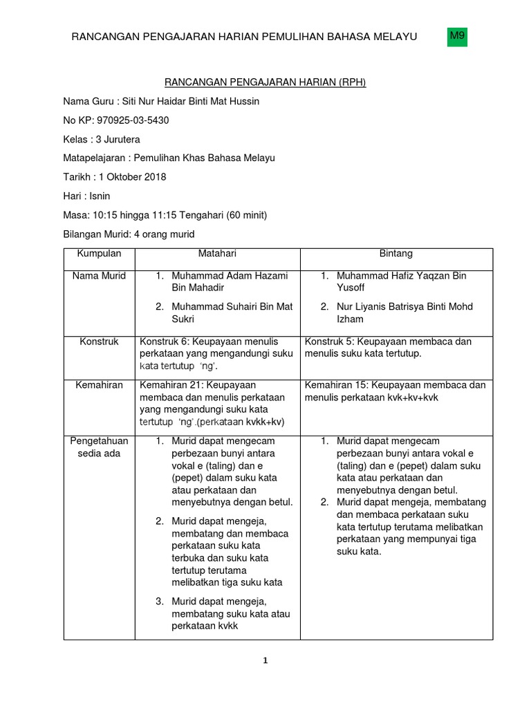 Rancangan Pengajaran Harian Pemulihan Bahasa Melayu M9 Pdf