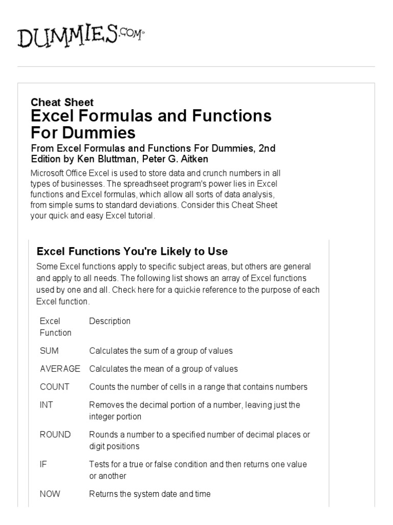Excel Formulas For Dummies Microsoft Excel Spreadsheet