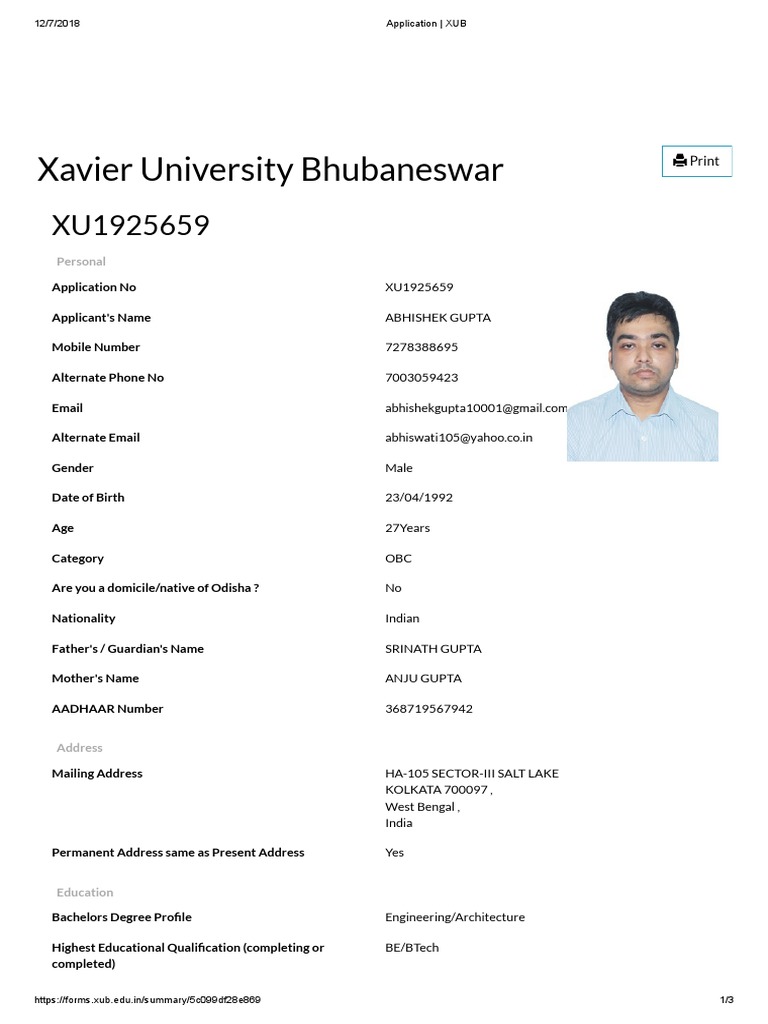 Application for MBA Program Admission at Xavier University Bhubaneswar
