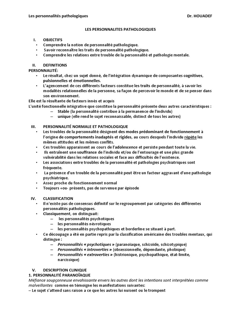 Les Personnalites Pathologiques Cour Polycopie Houadef | PDF ...