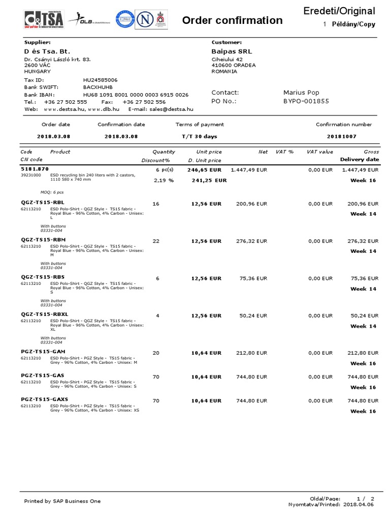 Order Confirmation for ESD Products | PDF | Business