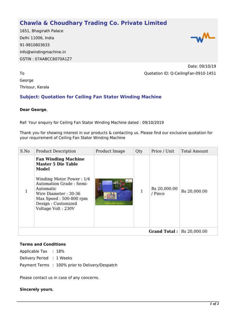 Ceiling Fan Winding Machine Quotation | PDF | Technology & Engineering