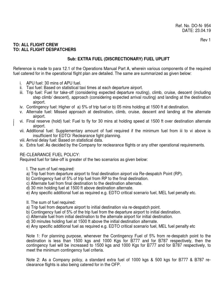 To All Flight Crew To All Flight Despatchers Sub Extra Fuel (Discrectionary) Fuel Uplift