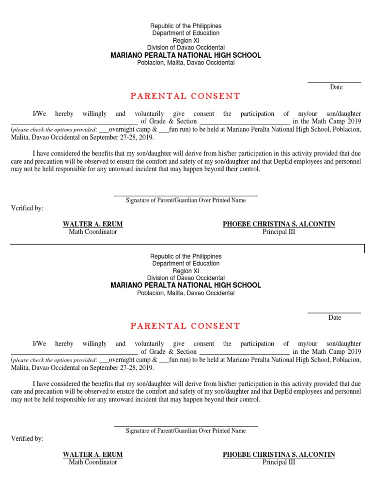 Parental Consent for Math Camp 2019 | PDF | Government | Social ...