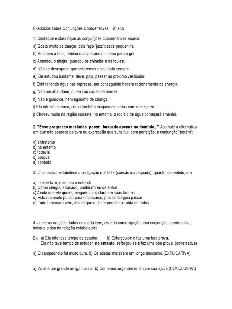 Exercícios sobre Conjunções Coordenativas – 8o ano | PDF