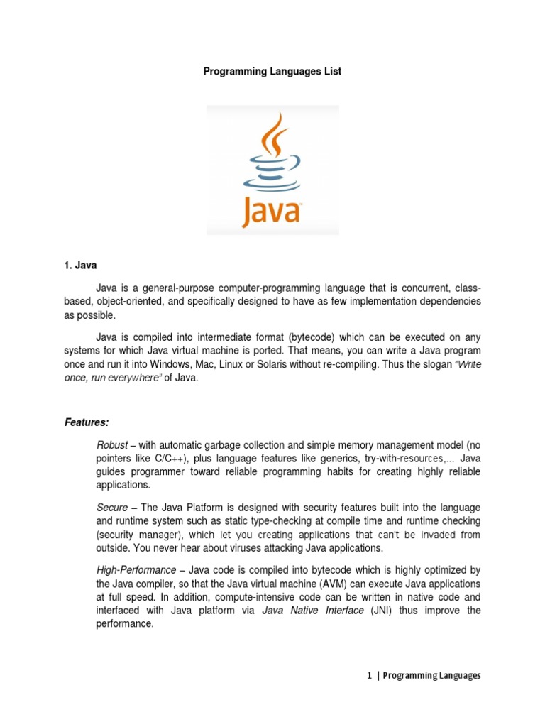Programming Languages List | PDF | Swift (Programming Language ...
