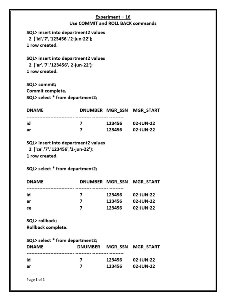 SQL COMMIT and ROLLBACK experiment | PDF