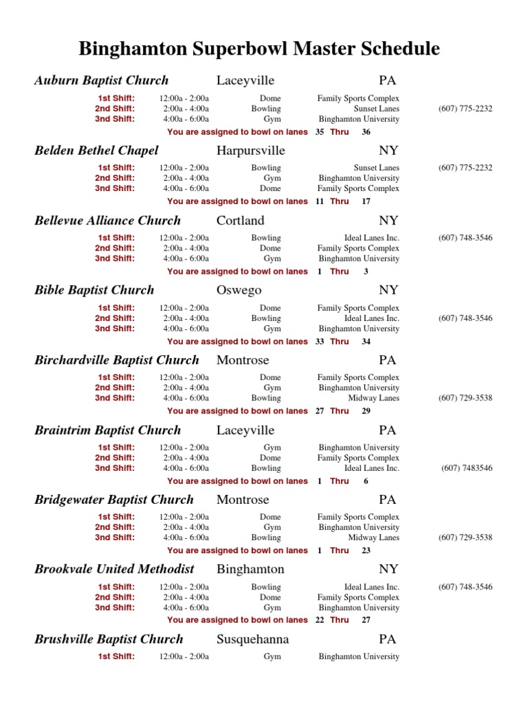 Binghamton Superbowl Master Schedule PDF Protestantism Christian Denominational Families