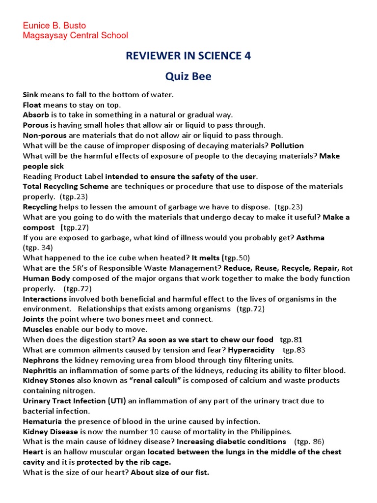Grade 3 Science Quiz Bee Reviewer | PDF | Kidney | Plants