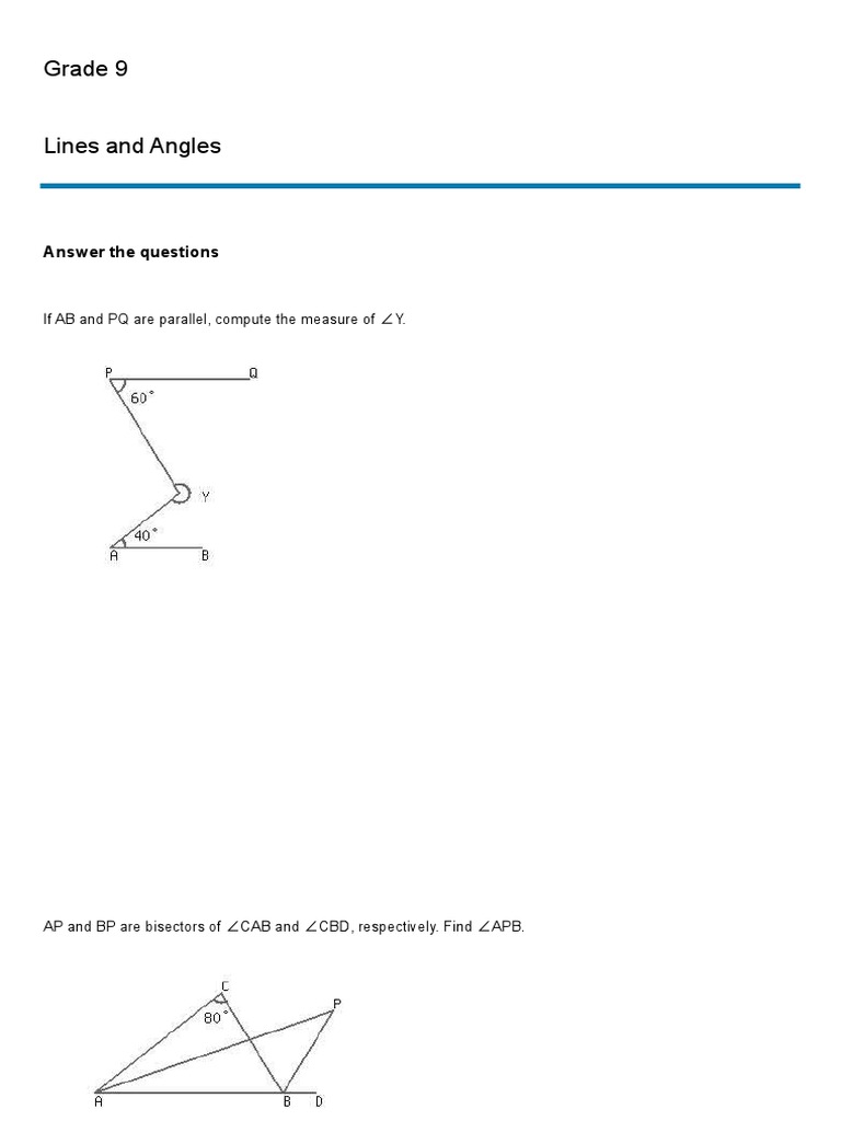 Grade 9 Angles Worksheet Questions | PDF