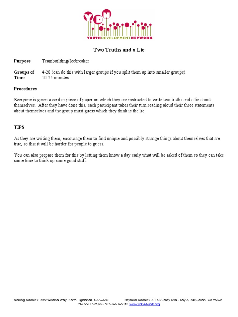 Two Truths and a Lie Icebreaker Guide | PDF