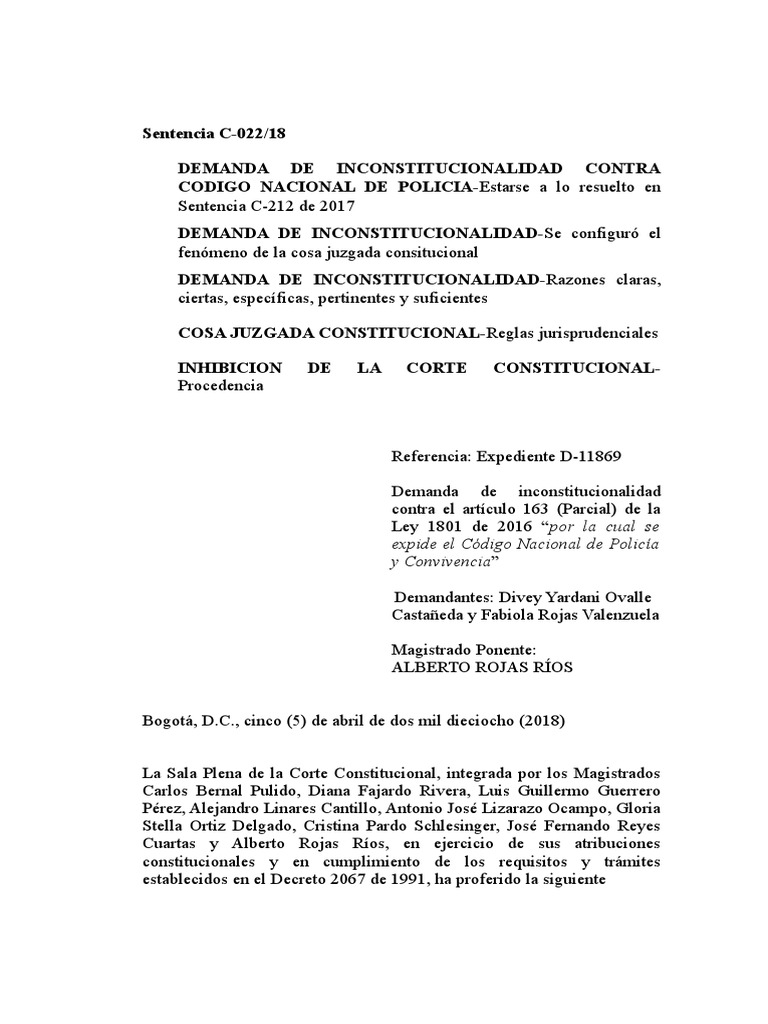 Sentencia C-022/18 | PDF | Res Judicata | Caso de ley