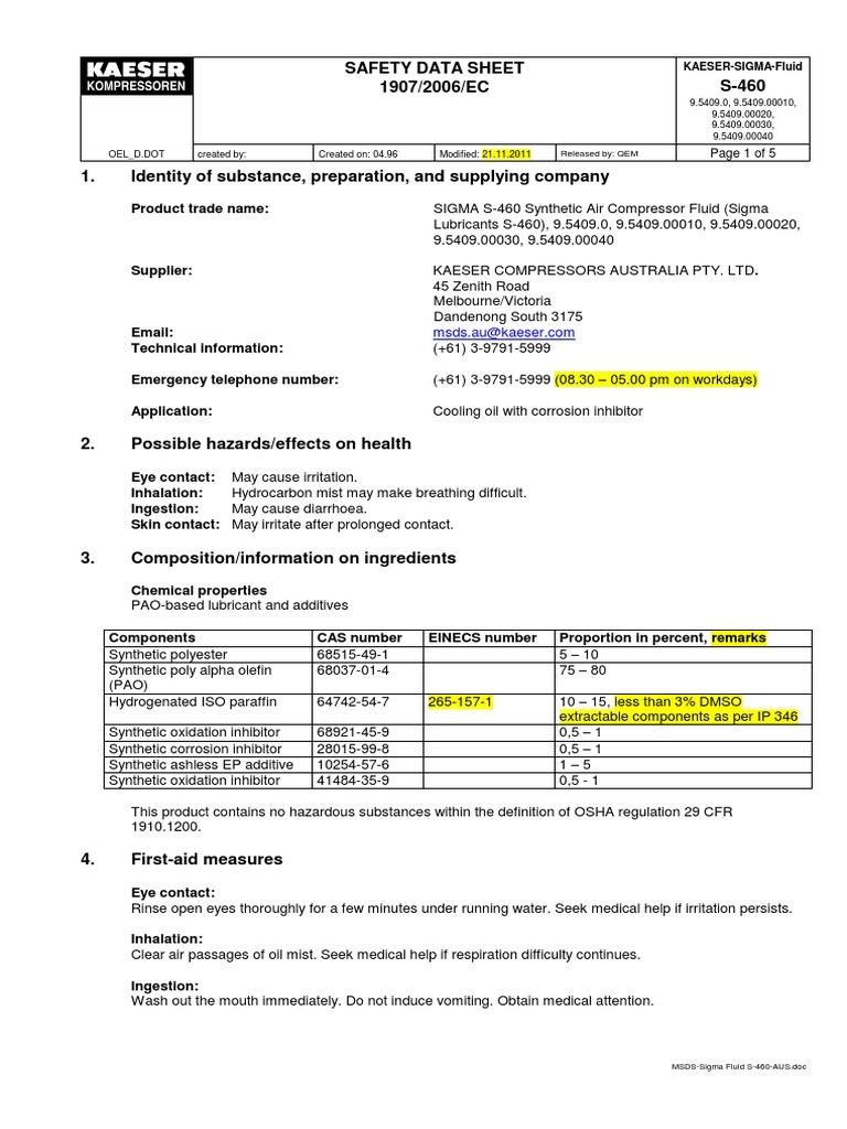Safety Data Sheet for KAESERSIGMA Fluid S460 Synthetic Air Compressor
