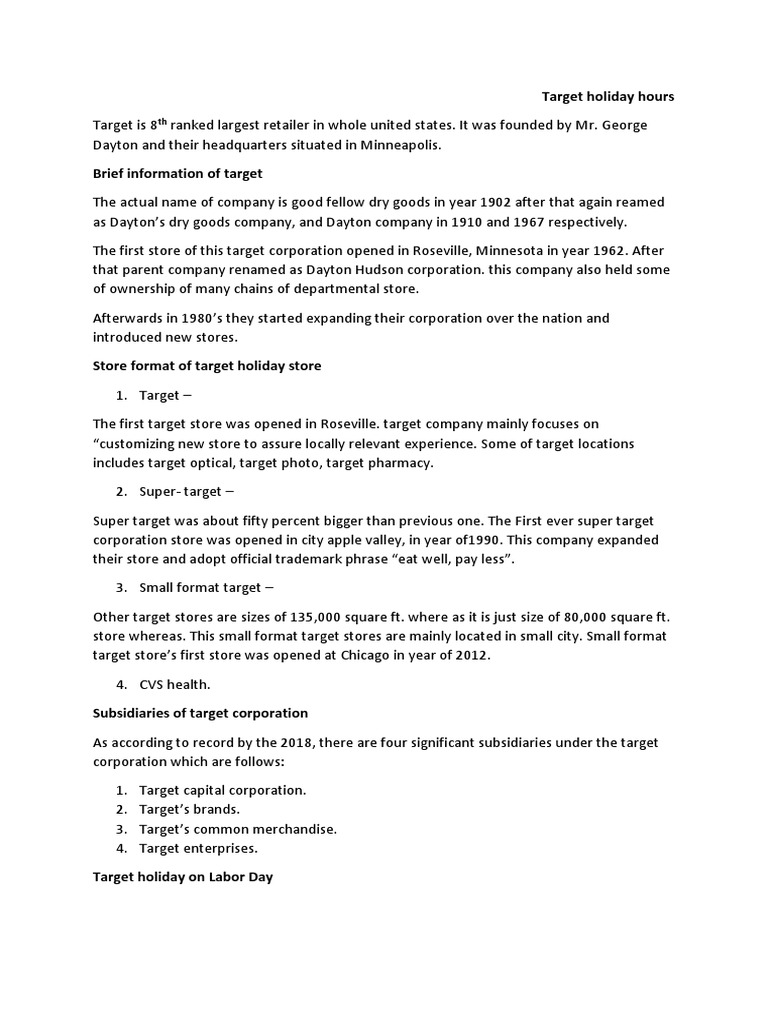 Target Holiday Hours PDF Target Corporation Workweek And Weekend