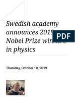 Swedish Academy Announces 2019 Nobel Prize Winners in Physics