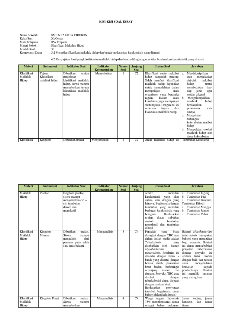 Kisi Kisi Soal Essay