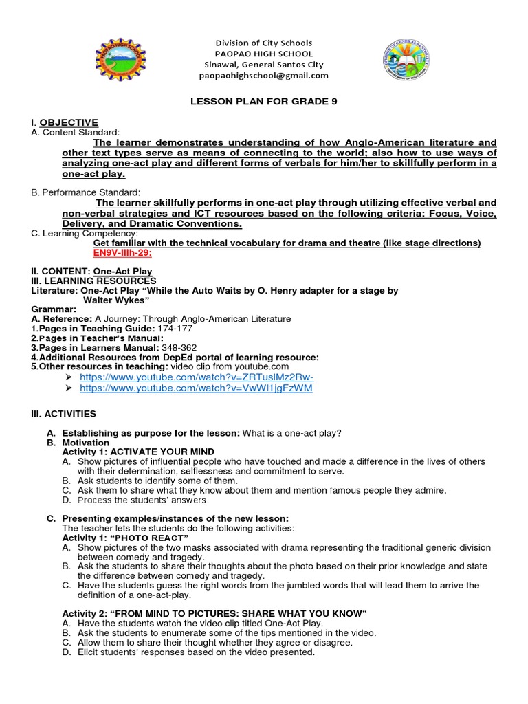 Grade 9 One-Act Play Lesson Plan | PDF | Lesson Plan | Teachers