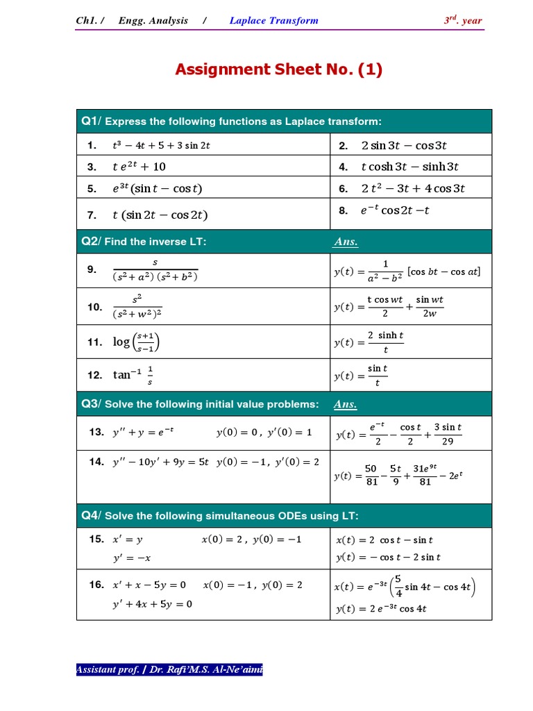 Sheet No. (1) - Laplace Transform PDF | PDF | Trigonometric Functions ...