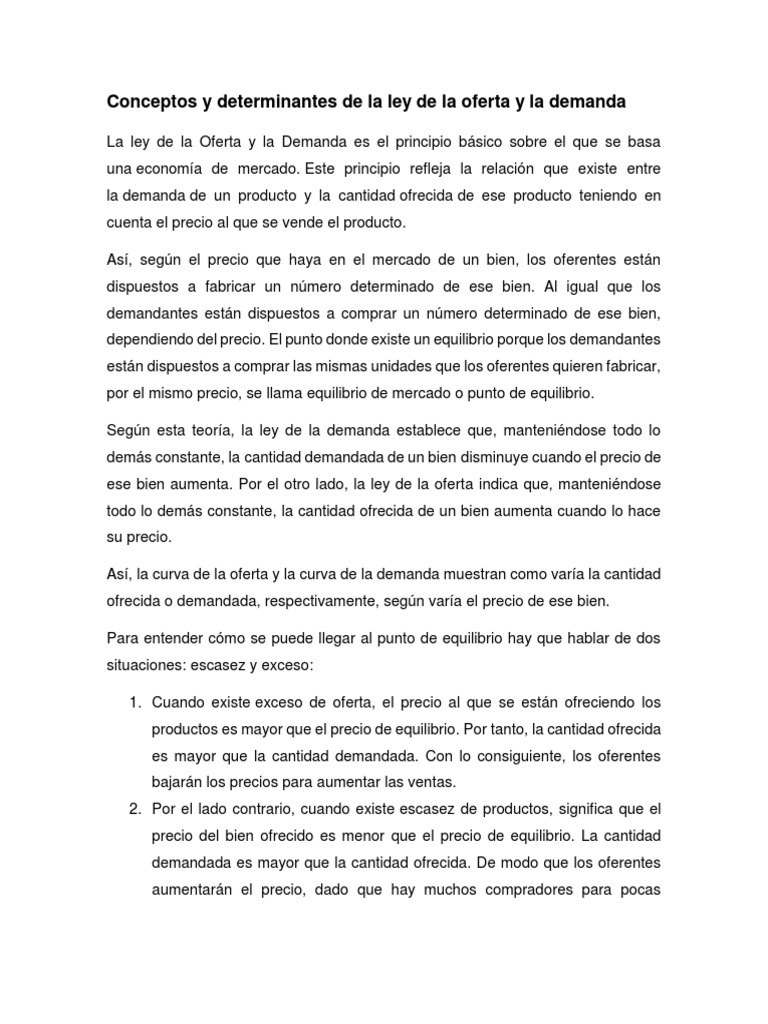 Conceptos y Determinantes de La Ley de La Oferta y La Demanda | PDF ...