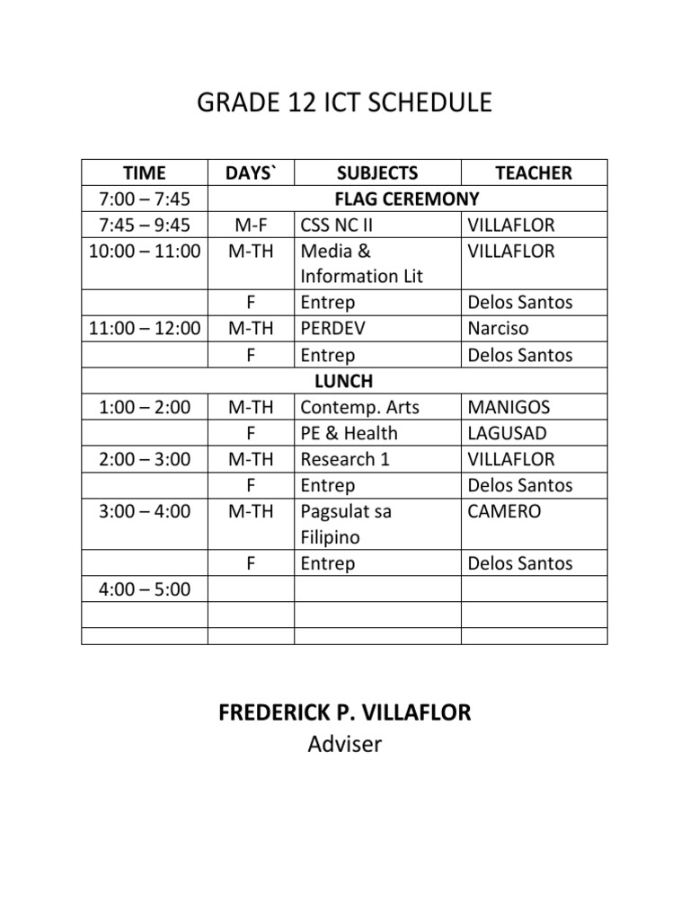 Grade 12 ICT Class Schedule | PDF