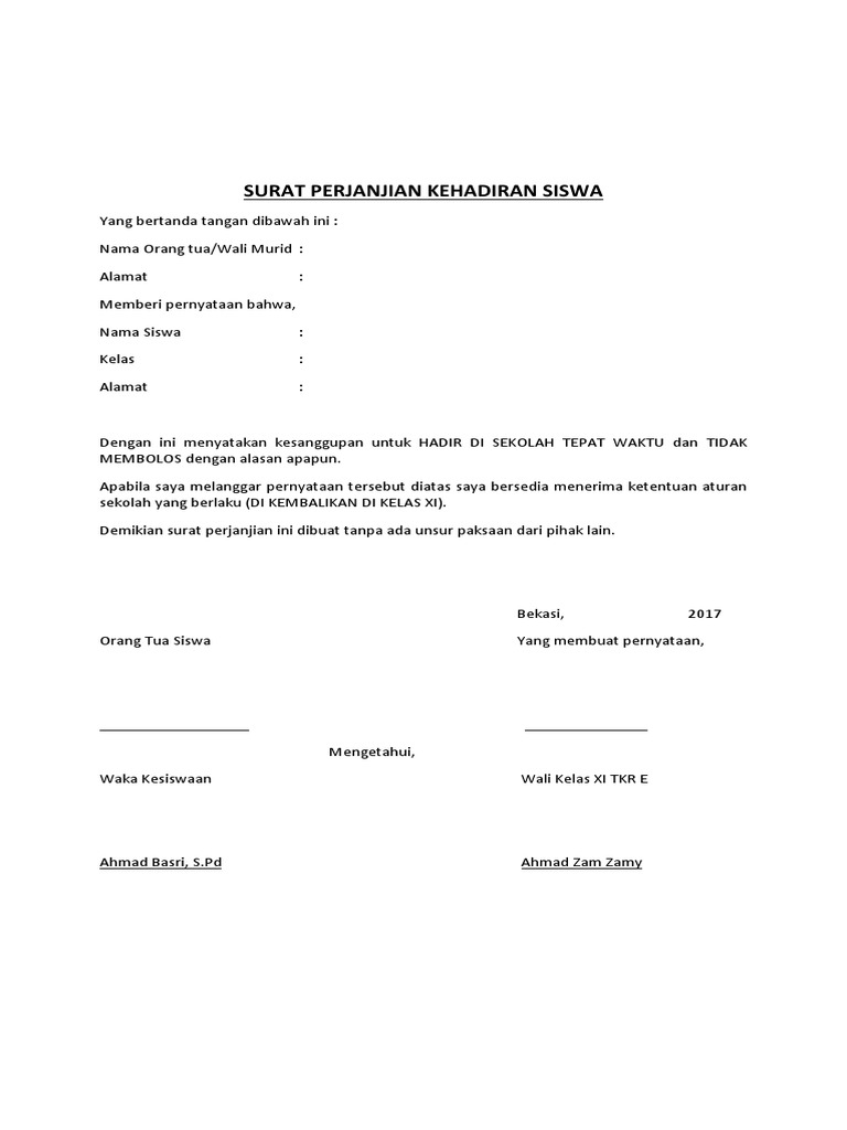 Surat Perjanjian Kehadiran Siswa Pdf