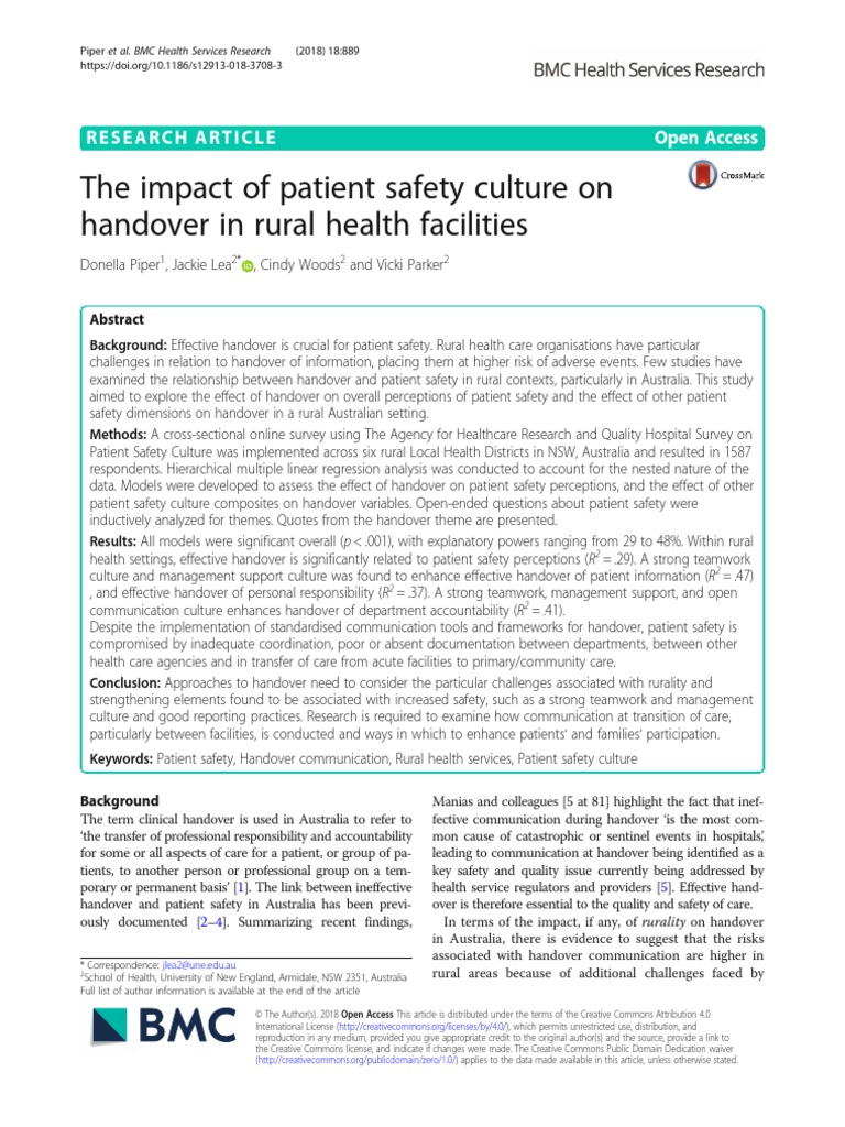 The Impact of Patient Safety Culture On Handover in Rural Health ...