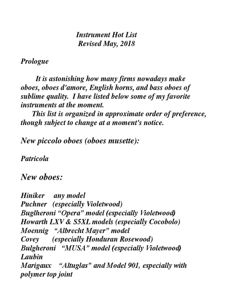 New Piccolo Oboes (Oboes Musette) PDF Cor Anglais Oboe
