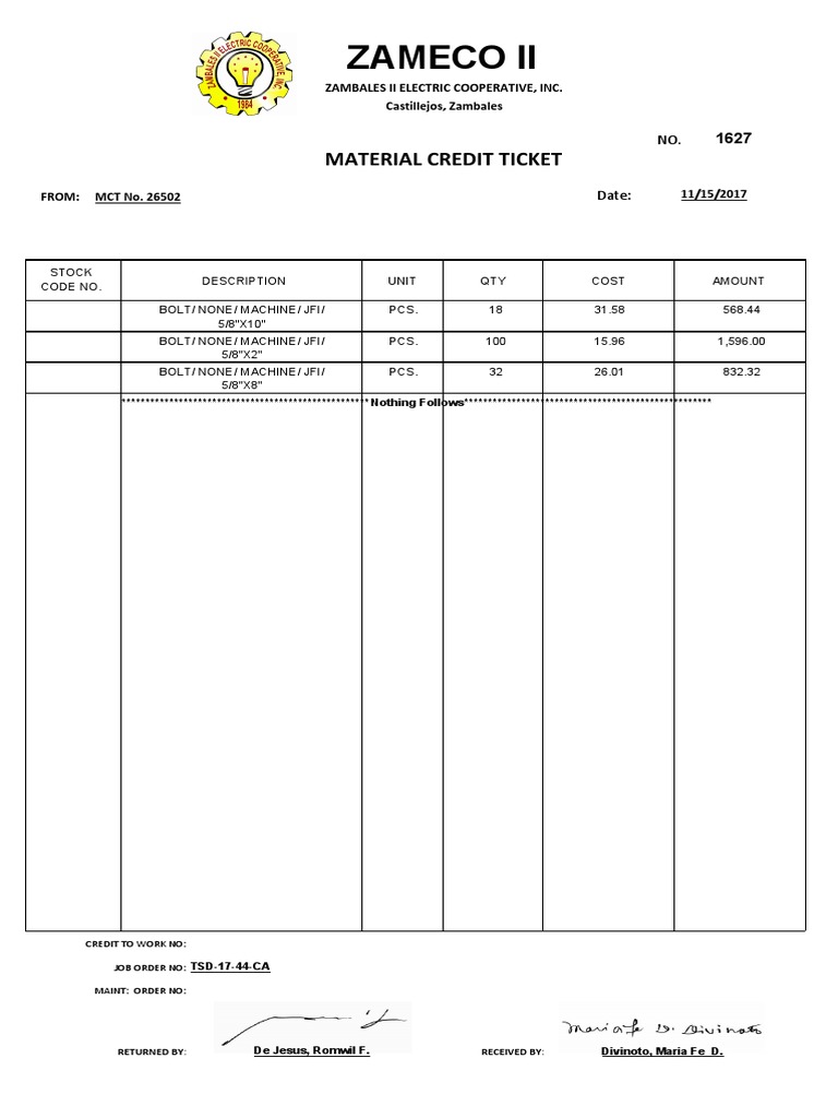 ZAMECO II Material Credit Ticket | PDF